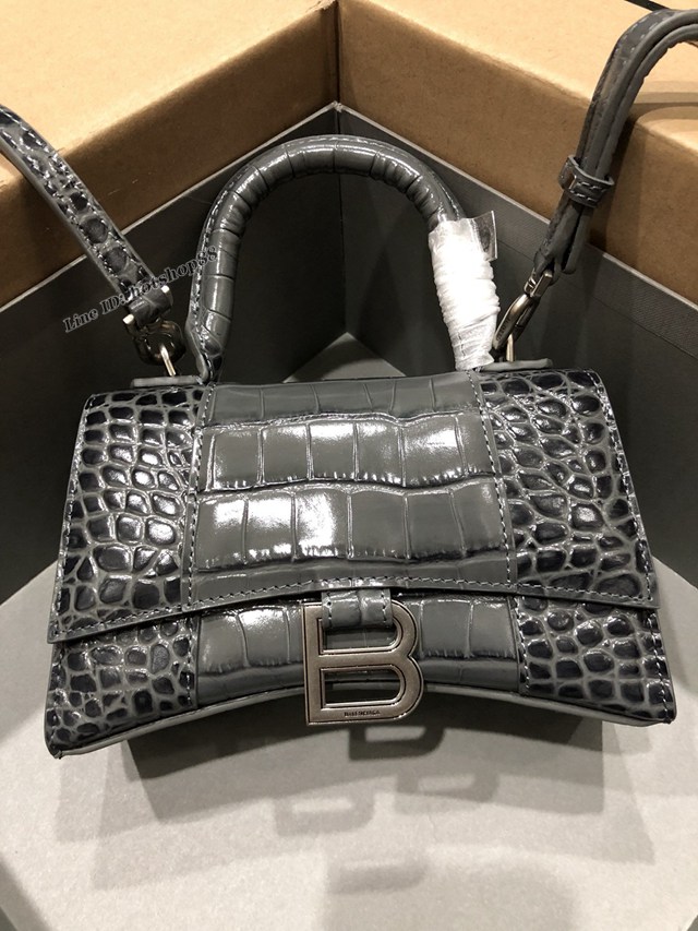 Balenciaga專櫃爆款小號手提女包 巴黎世家鱷魚深灰銀扣Hourglass沙漏包 fyj1625